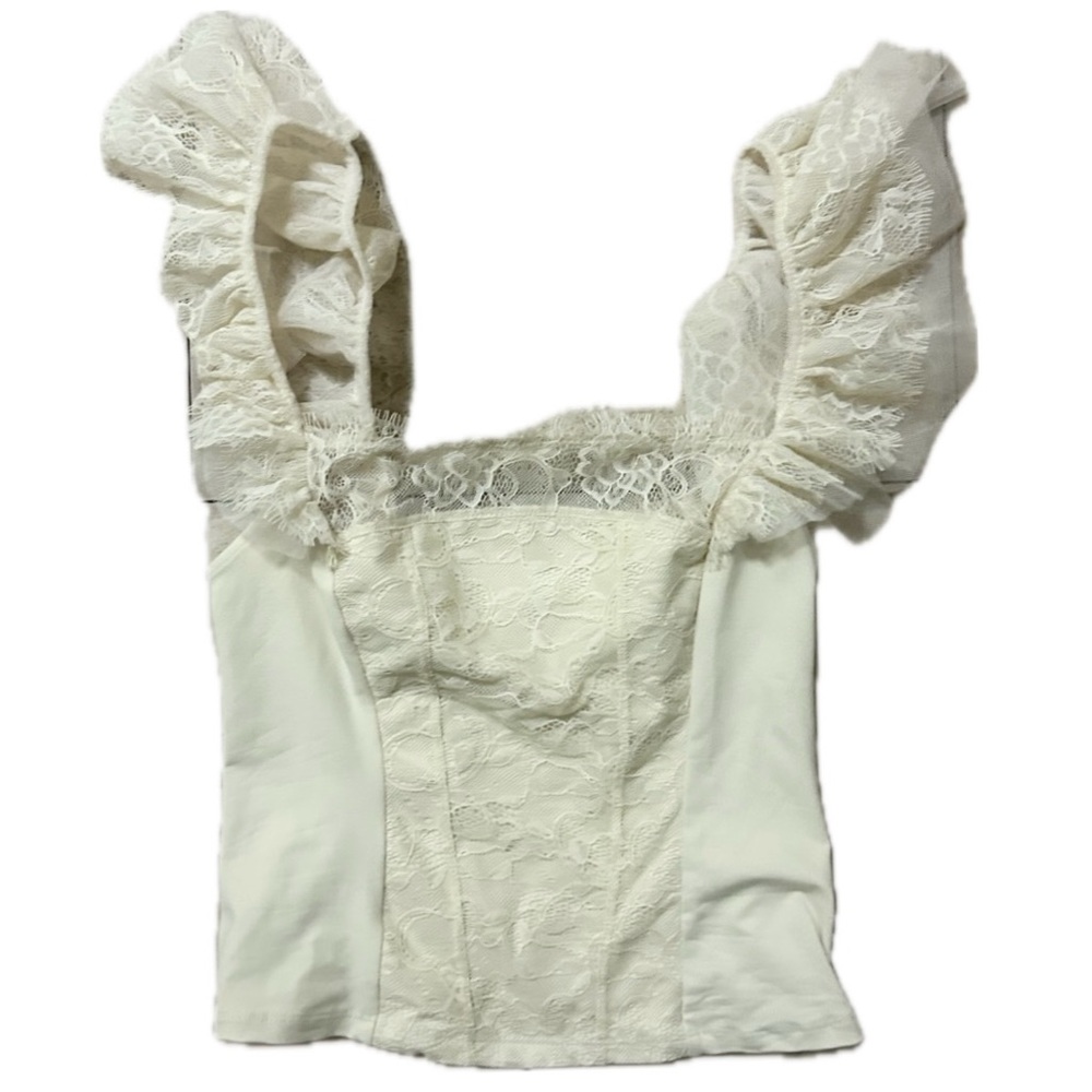 NWOT FREE PEOPLE LIVE IT UP RUFFLE SLEEVE LACE CAMI TOP IVORY SMALL - Picture 2 of 3